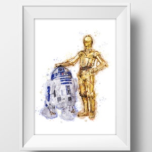 Star Wars cadeau C-3PO et R2-D2 impression aquarelle Star Wars droïdes affiche Star Wars C-3PO R2-D2 imprimable Wall Art décoration murale téléchargement numérique