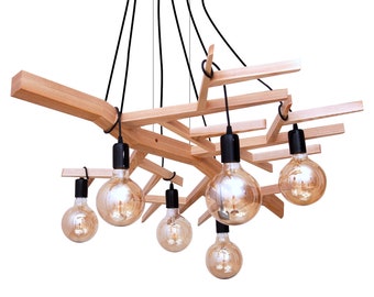 Ash Wood Branch Chandelier, Geometric Pendant Light