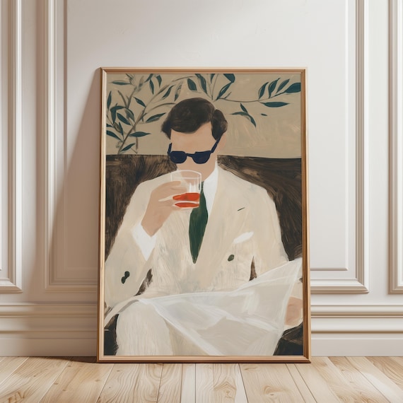 Sprezzatura Man in Cream Suit, Retro Mid-Century Modern Gouache Painting (Digital Download) 461