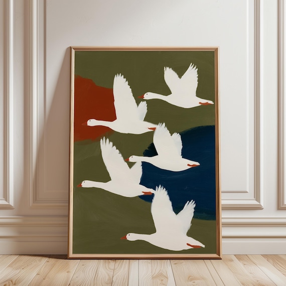 White Geese Wall Art Print, Mid Century Modern Bird Art, Vintage Farmhouse Printable, Olive Green Navy Red Decor (Digital Download)