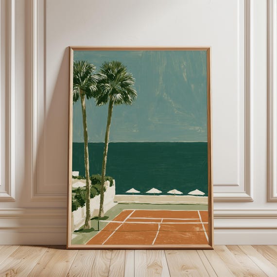 Sunlit Coastal Tennis Court Print, Vintage Riviera Summer Decor Art (Digital Download) 684