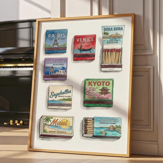 Vintage Travel Honeymoon Matchbox Poster Set – Illustrated City Matchbook Art, Venise Paris Santorini, Maldives Bora Bora, Instant Download