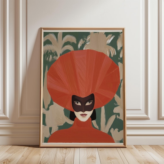 Theatrical Woman Portrait with Red Headdress, Vintage Masquerade Art (Digital Download) 294