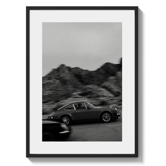 Porsche 911 Classic sports car desert drive wall art, black and white photo print, vintage coupe racing poster, auto enthusiast decor