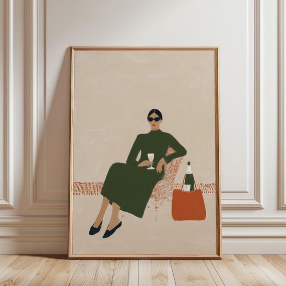 Chic Woman with Wine Print, Fashion Wall Art, Sophisticated Lady Illustration, Emerald Green Dress, Printable Wall Art (Digital Download)