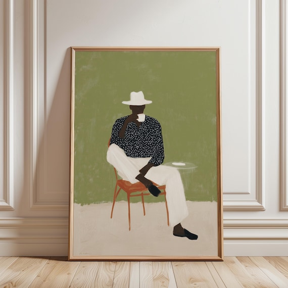 Black Man Drinking Coffee Wall Art Print, Afrocentric Print, Contemporary Figure Painting, Modern Minimalist Home Decor (Digital Download)