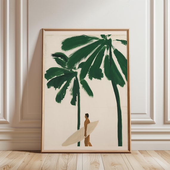 Tropical Surfer and Palm Trees Painting, Summer Beachy Decor (Digital Download) 672