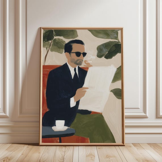 Retro Mid-Century Modern Man in Suave Suit Gouache Painting (Digital Download) 506