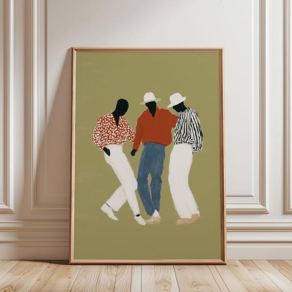 Black Men Dancing Wall Art Print, Afrobohemian Style, Sage Green Living Room Decor (Digital Download)