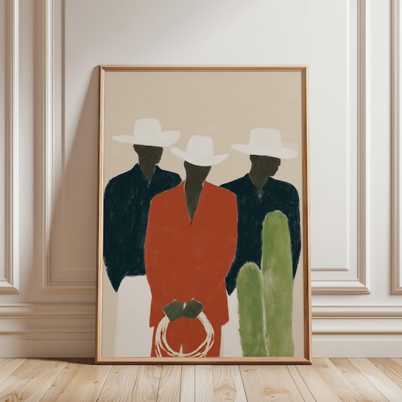 Cowboy Afrocentric Hat Wall Art Print, Western Bohemian Art, Southwestern Abstract Figures, Rustic Modern Home Decor (Digital Download)