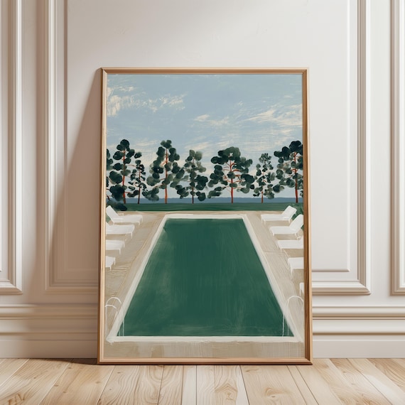 Pool Painting, Summer Decor with Pine Trees (Digital Download) 695