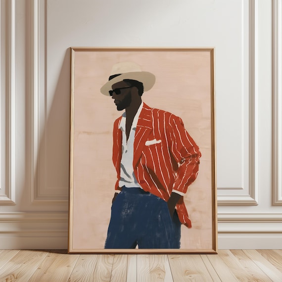 Black Stylish Gentleman in Straw Fedora Gouache Wall Art, Retro Chic Home Decor (Digital Download) 514