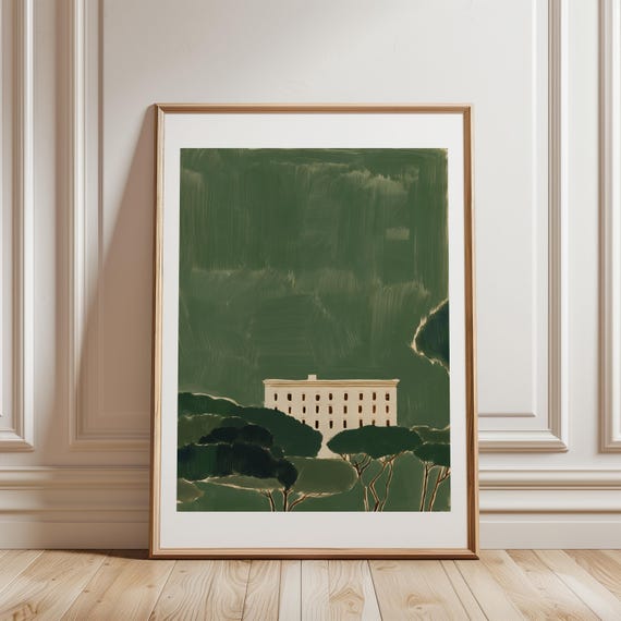 Moody Mediterranean Villa, Vintage Neoclassical Painting with Misty Landscape (Digital Download) 268