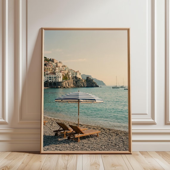 Amalfi Coast Beach Print, Italian Coastal Wall Art, Mediterranean Sea Decor, Turquoise Ocean Printable, Travel Poster (Digital Download)