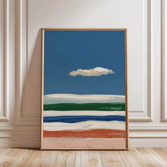 Abstract Coastal Landscape Art, Modern Summer Stripes Gouache Painting (Digital Download) 655