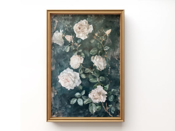 Vintage White Roses Art Print | Moody Academia Botanical (Digital Download)