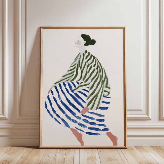 Fashion Illustration Wall Art Print, Striped Dress Woman, Blue Green Abstract Figure, Printable Wall Art, Modern Bedroom (Digital Download)