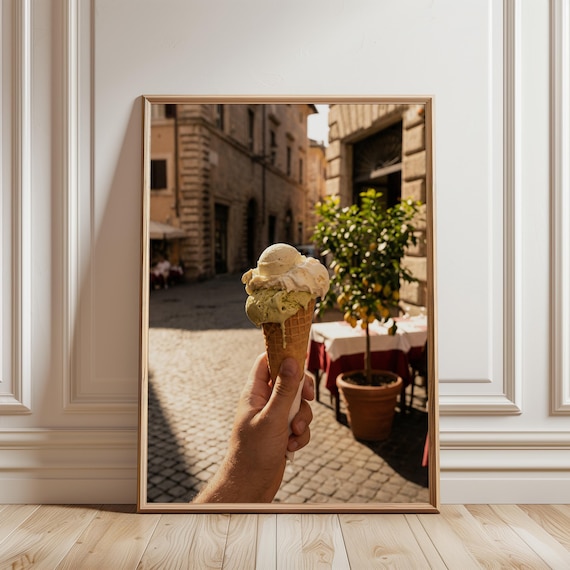 Italian Gelato Cone on Sunlit Cobblestone Street - Mediterranean Summer Scene, Vintage Travel Print, Coastal Wall Art, Digital Download 106