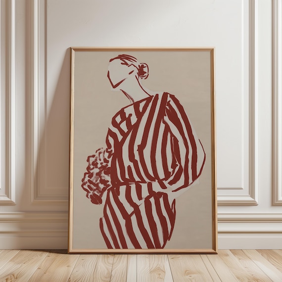 Minimalist Fashion Illustration, Striped Figure with Floral Bouquet (Digital Download) 581