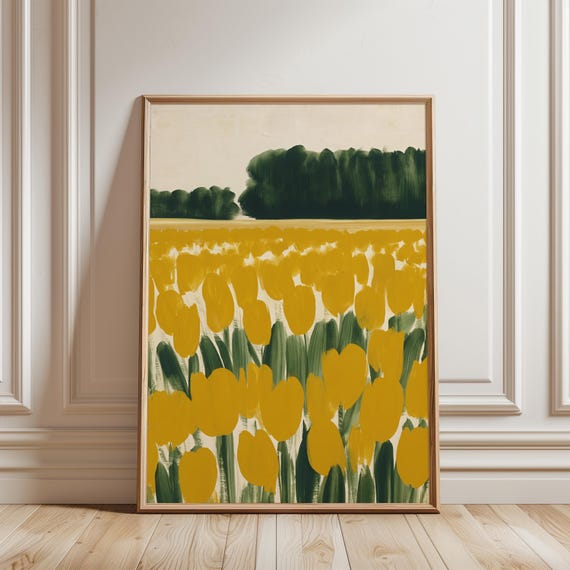 Yellow Tulip Field Painting, Modern Farmhouse Floral Wall Art (Digital Download) 283