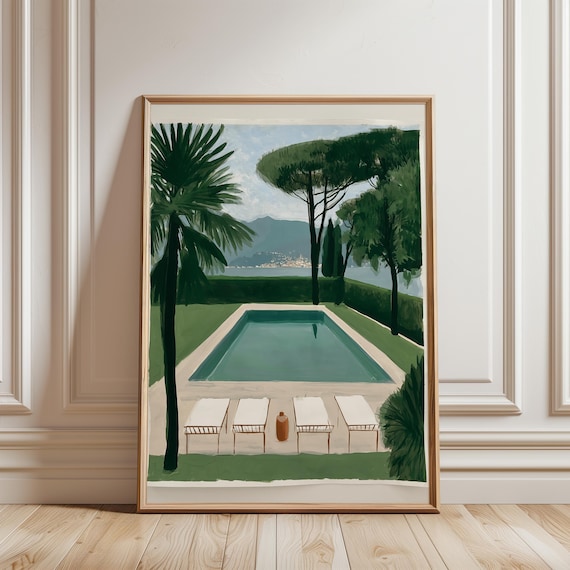 Mediterranean Poolside with Lake View Vintage Travel Art, Summer Print (Digital Download) 713