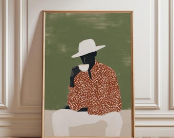 Coffee Lover Wall Art Print, Modern Figure Painting, Minimalist Kitchen Decor, Striped Shirt Man Drinking Coffee Art (Digital Download)