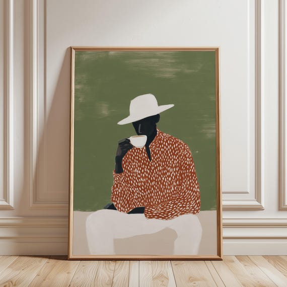 Coffee Lover Wall Art Print, Modern Figure Painting, Minimalist Kitchen Decor, Striped Shirt Man Drinking Coffee Art (Digital Download)