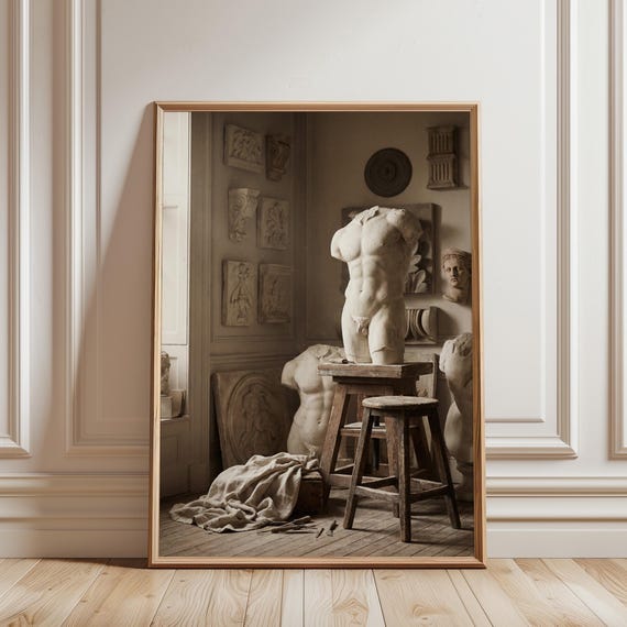 Väggkonst med Davidstaty – Renässansskulpturstudio utskrivbar, Michelangelo-inspirerad klassisk dekor (digital nedladdning)