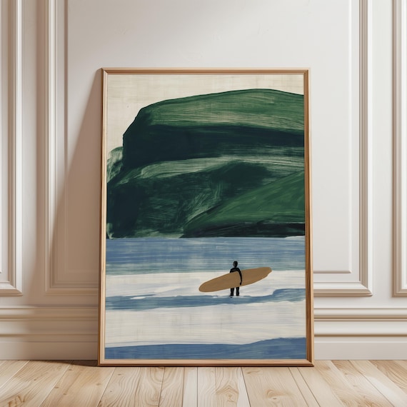 Surfer Silhouette Wall Art, Coastal Summer Decor, Faroe Islands Style Painting (Digital Download) 727