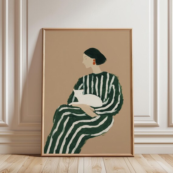 Woman With Cat Wall Art Print, Abstract Figure Printable, Minimalist Green Striped Portrait, Modern Feminine Decor (Digital Download)