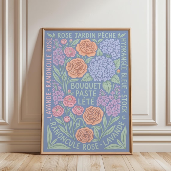 French Flower Market Poster Wall Art, Vintage Botanical Illustration, Peach Pink Blue Floral Home Decor, Cottage Garden (Digital Download)