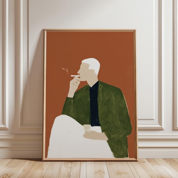 Mid Century Modern Man Smoking Print, Retro Portrait, Olive Green Terracotta Minimalist Abstract Figure Printable (Digital Download)