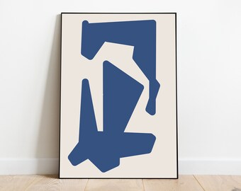 Impresión de arte abstracto azul, decoración minimalista beige (descarga digital)