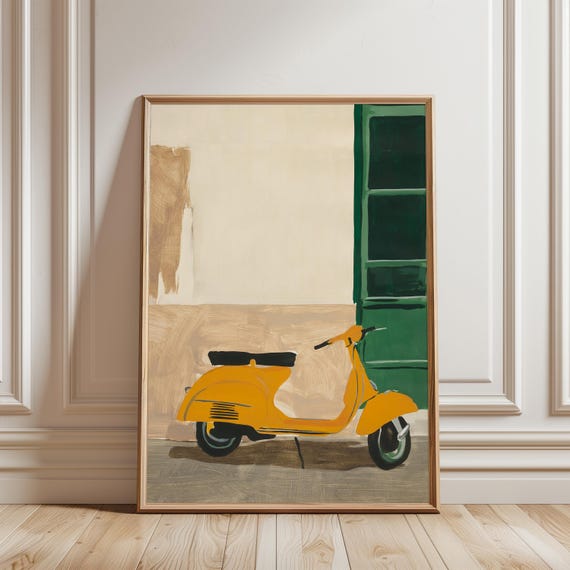 Retro Yellow Vespa Scooter, Italian Travel Poster Style Gouache Art (Digital Download) 289