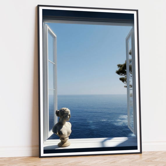 Amalfi Coast Window View Printable Art, Italy seascape wall art, open window ocean print, statue bust decor, instant download