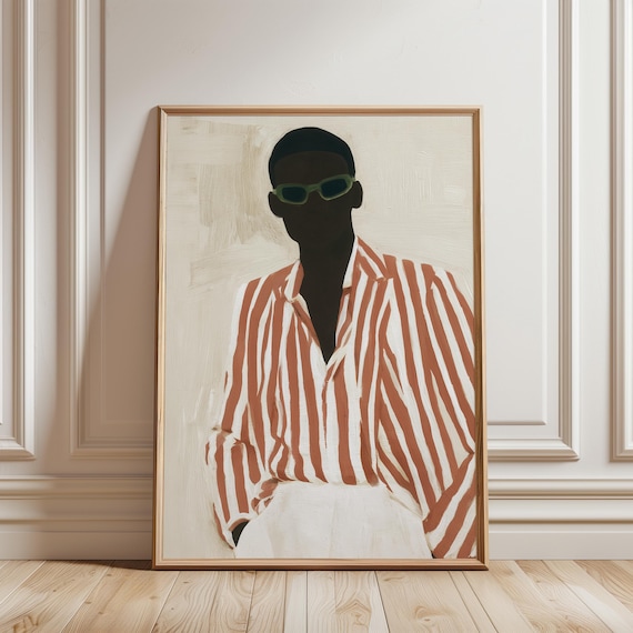 Gouache Painting of Stylish Black Man in Terracotta, Minimalist Fashion Art (Digital Download) 301