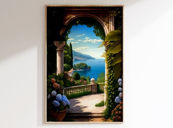Victorian painting of a French Riviera Garden, Printable Art, Beautiful Era, Botanical Oil Painting, Antique, Victorian architecture.