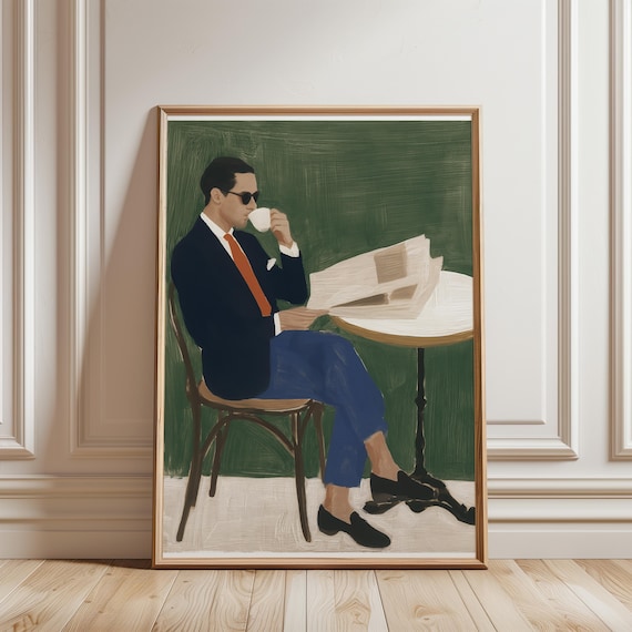 Chic Mid-Century Modern Man with Coffee Gouache Painting (Digital Download) 485