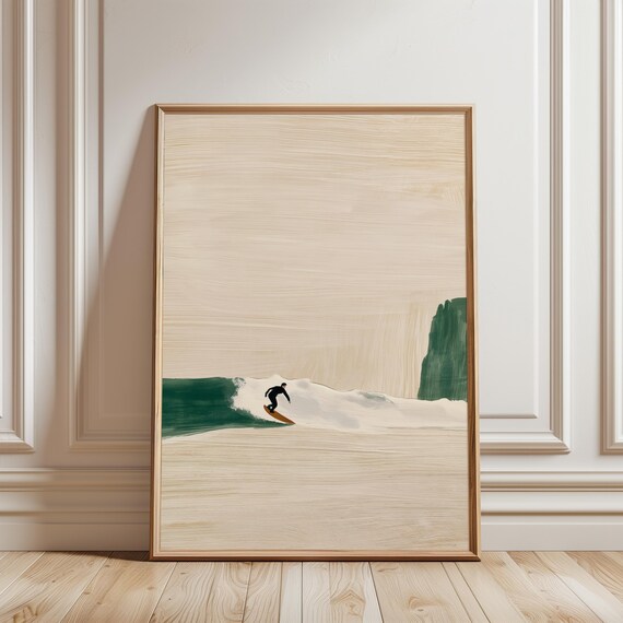 Lone Surfer on Green Wave, Minimal Coastal Summer Print Art (Digital Download) 687