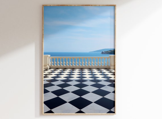 French Riviera Sea View | Black & White Checkered Balcony | Mediterranean Decor | Printable Wall Art | Coastal Elegance