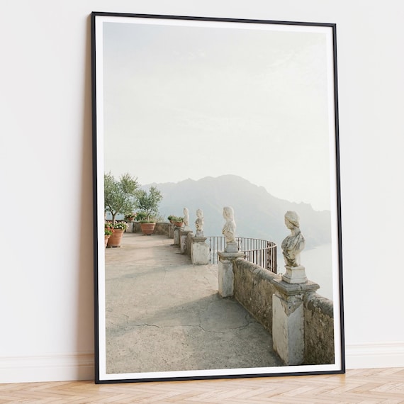 Amalfi Coast Terrace Statues Printable Art, Italy photo wall art, coastal landscape print, instant digital download