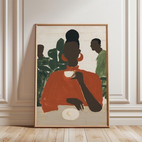 Afro-Bohemian Woman Sipping Coffee, Modern Boho Cafe Art (Digital Download) 439