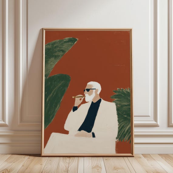 Man with Cigar Wall Art Print, Terracotta Background, Mid Century Modern Illustration, Minimalist Portrait (Digital Download)