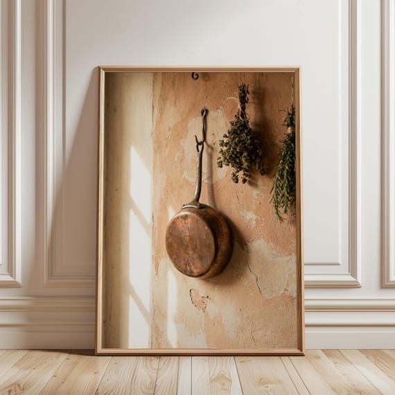 Italian Kitchen Art Print, Rustic Copper Skillet with Herbs (Digital Download) 171