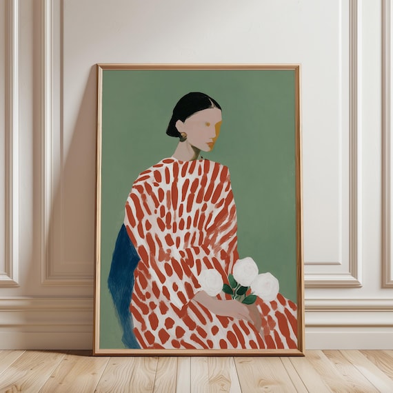 Sage Green Wall Art – Woman Portrait with Hydrangea Flowers (Digital Download)