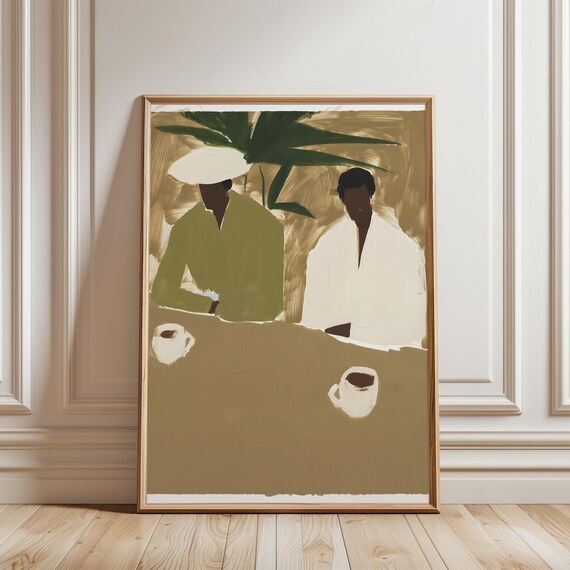 Bohemian Coffee Moment Painting, Minimalist Cozy Figures Wall Art (Digital Download) 508