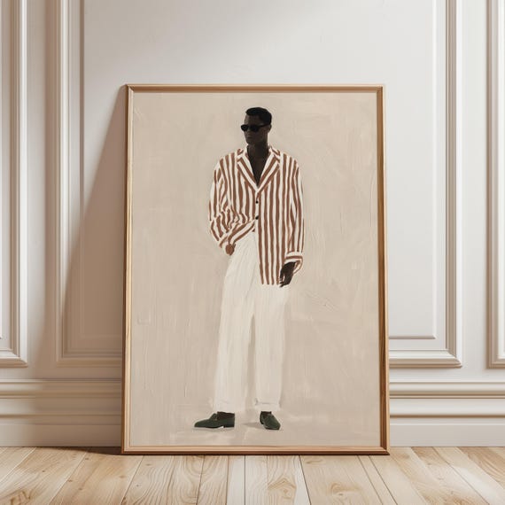 Stylish Sprezzatura Black Man in Striped Blazer, Casual Elegance Art (Digital Download) 479
