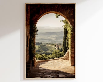 Brick Arch Tuscan Art: Country Lifestyle & Mediterranean Landscape Print, Oil Painting, Instant Download.