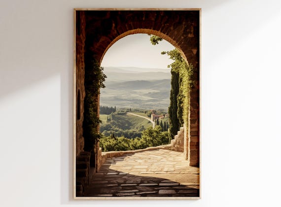 Tuscan Arch Print Rustic Brick Art: Mediterranean Landscape Oil Painting, Instant Download, Country Wall Décor