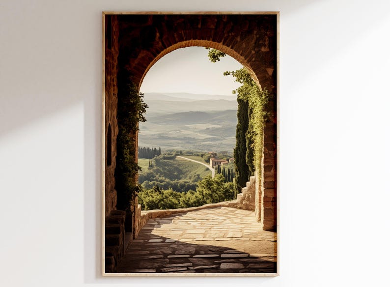 Tuscan arch print: brick Italian archway framing a countryside valley with stone path and olive trees in oil painting style.